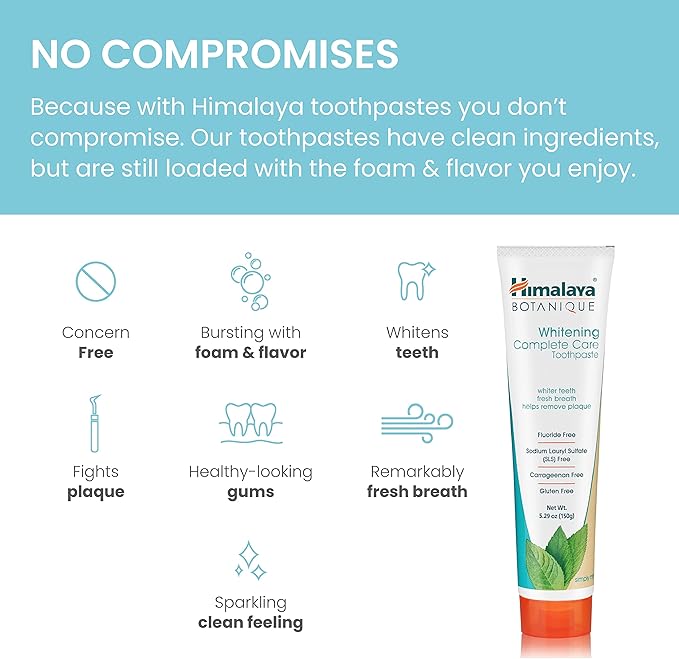 Himalaya Botanique Whitening Complete Care Toothpaste, Teeth Whitening, Fights Plaque, Fluoride Free, No Artificial Flavors, SLS Free, Cruelty Free, Foaming, Simply Mint Flavor, 5.29 Oz, 4 Pack