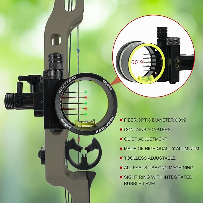 Archery 5-Pin Bow Sight - 0.019" Fiber, Brass Pin, Aluminum Machined - Right and Left Handed, with Hi-Vis Level for Archery, Hunting, Shooting