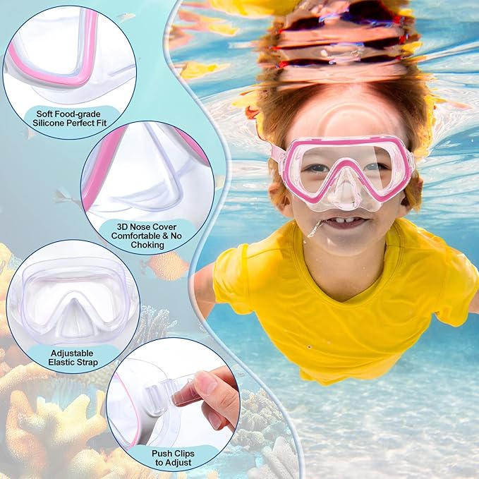 Hoolerry 4 Pcs Kids Nose Goggles Swim Goggles with Nose Cover for 3-8 Tempered Glass Snorkel Dive Mask Anti Fog with Elastic Strap No Leak Swimming Mask for Summer Diving Snorkeling