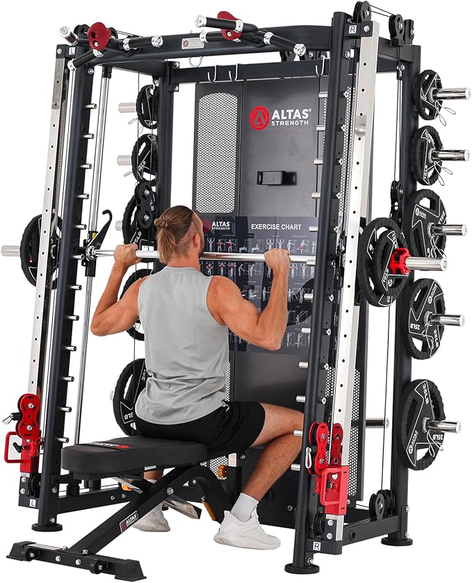 Altas Strength Home Gym Equipment Smith Machine with Pulley System Gym Squat Rack Pull Up Bar Upper Body Strength Training Leg Developer Light Commercial Fitness Equipment Included Accessories 3000Y