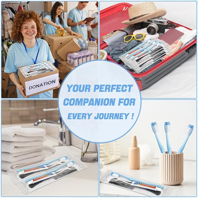 100 Sets Disposable Toothbrushes with Toothpaste Floss Comb Individually Wrapped, Disposable Toothbrush Bulk, 10g Toothpaste,Dental Floss,6in Comb Bulk Toothbrush Kit for Homeless,Airbnb,Hotel