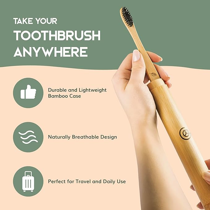 Greenzla Bamboo Toothbrushes, Wooden Toothbrush Set with Soft Bristles, Includes Travel Case and Charcoal Dental Floss, 4 Pack