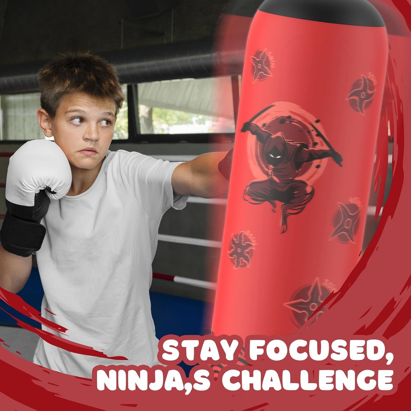 Inflatable Punching Bag for Kids, Tall Larger 66 Inch Stable Boxing Bag for Teens, Ninja Shuriken Toy Gifts for Boys Girls, Boxing Set with Gloves and Pump for Practicing Karate Taekwondo