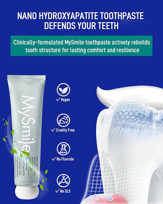MySmile 7 Treatment Prefilled Teeth Whitening Trays 12% Hydrogen Peroxide and Fluoride Free Nano Hydroxyapatite Toothpaste Combo for Sensitive Teeth Relief, Enamel Repair and Teeth Remineralization