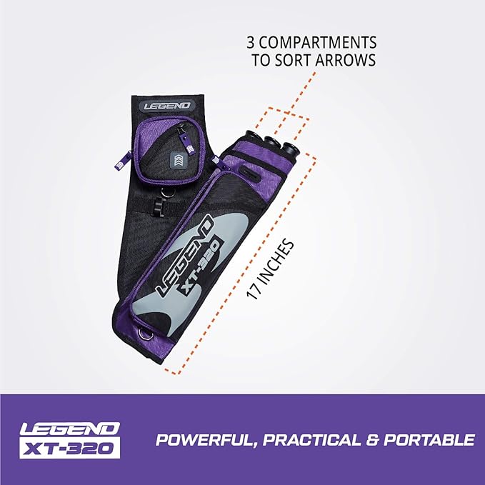 LEGEND XT320 Archery Quivers - Nylon Hip Quivers with 3 Arrow Tube Cases for Target Shooting - Adjustable Waist Belt, T-Slot, Storage Compartments for Accessories, Gear, Tools, Release Tab, Score Card