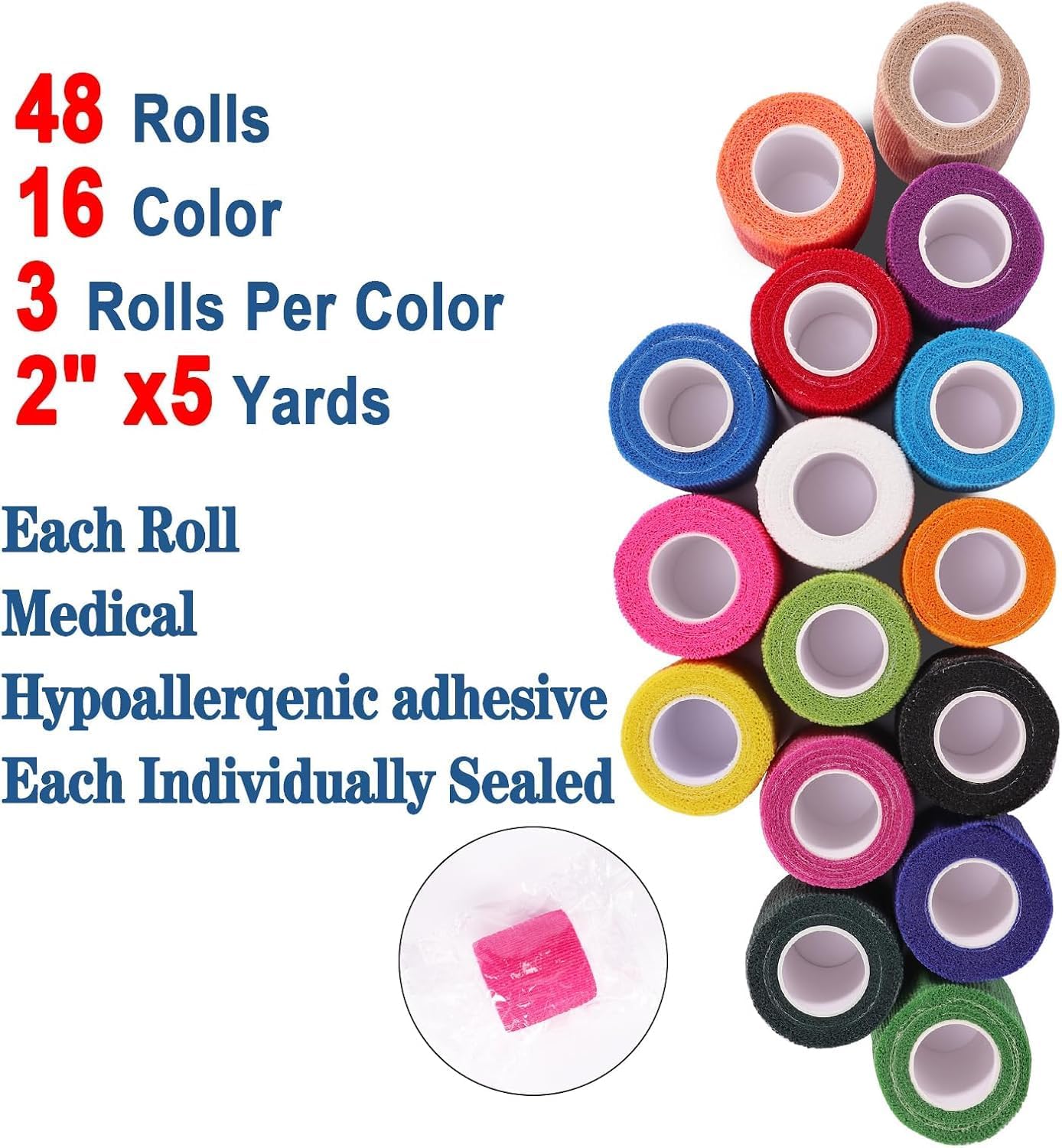 48 Pack Self Adhesive Bandage Wrap, 2” x 5 Yards Cohesive Medical Tape Elastic Grip Tape Black Sports Tape Athletic for Ankle, Wrist Sprains, Pet First Aid (Multi-Color)