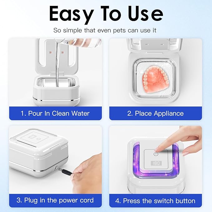 HAUSBELL Dental Pod: Ultrasonic Retainer Cleaner, Denture Cleaner Machine with 8 Cleaner Tablets, Aligner Cleaner, Nightguard Cleaner, Mouthguard Cleaner, Ultrasonic Cleaner with Noise-Reduction Lid