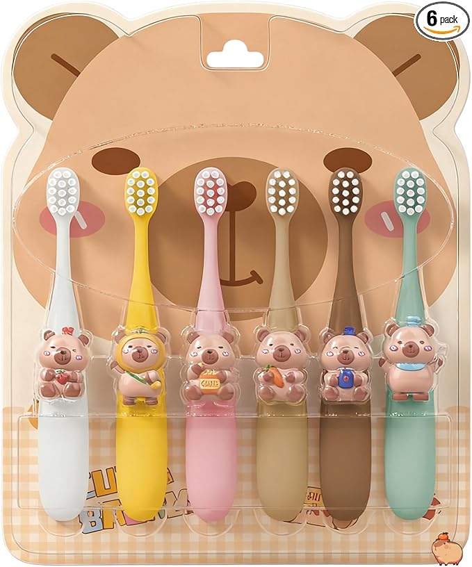 Capybara Kids Toothbrush 6-Pack - Soft Bristles with Suction Cup - Kids Toothbrush, Child-Sized Brush Heads, Easy-Storage Toothbrushes for Ages 3-12, Girls and Boys Set