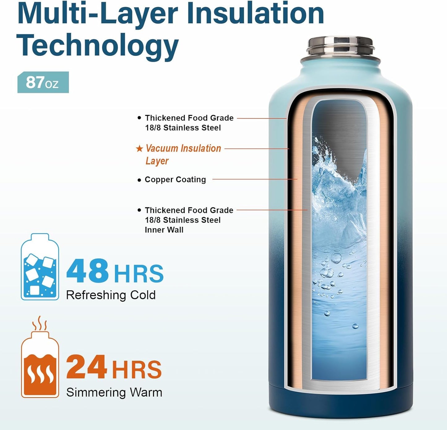 Insulated Water Bottle | Thickened Stainless Steel for Gym and Hiking with Straw, Carrier Bag, Handle Strap | BPA-Free 87 oz