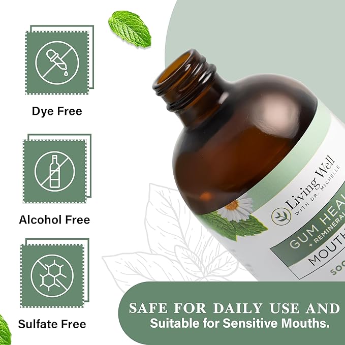 Living Well with Dr. Michelle Remineralizing + Gum Health Mouthwash – Soothing Mint | Hydroxyapatite, Colloidal Silver | Alcohol-Free, Fluoride-Free, Fresh Breath Support