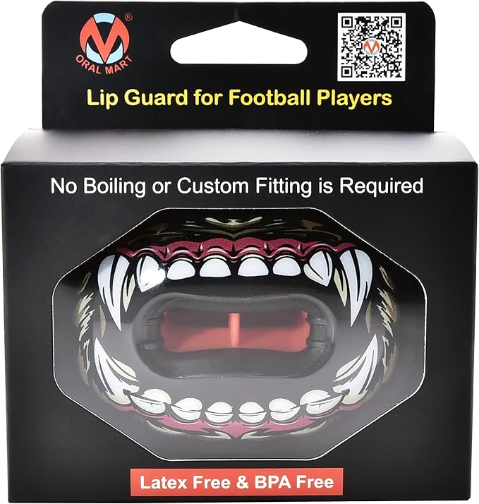 Oral Mart Flag Football Mouth Guard with 3D LipFit Design for Kids - Youth Tackle Football Mouthguard (No Boil) Cool Instant Fit Lip Guard Mouthpiece for Braces (Detachable Helmet Strap Included)
