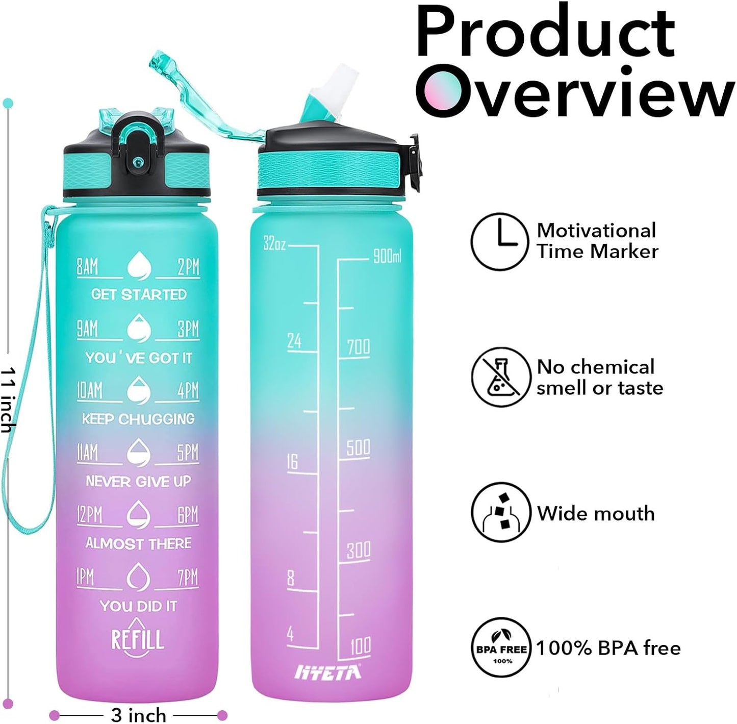 Hyeta 32 oz Water Bottles with Times to Drink and Straw, Motivational Water Bottle with Time Marker, Leakproof, Drinking Sports Water Bottle for Fitness, Gym and Outdoor