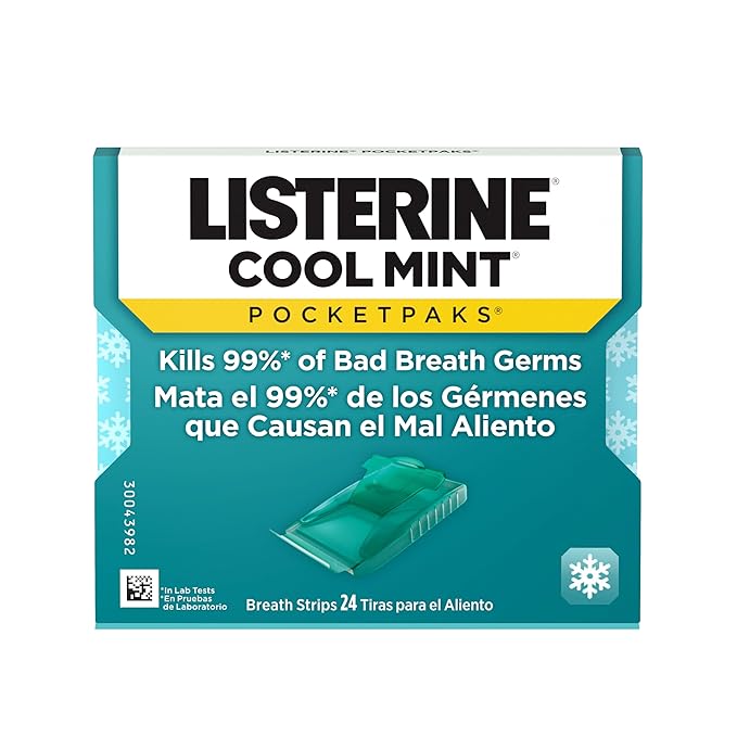 Listerine Cool Mint PocketPaks Portable Breath Strips for Bad Breath, Fresh Breath Strips Dissolve Instantly to Kill 99% of Bad Breath Germs* On-The-Go, Cool Mint, 12 Pack
