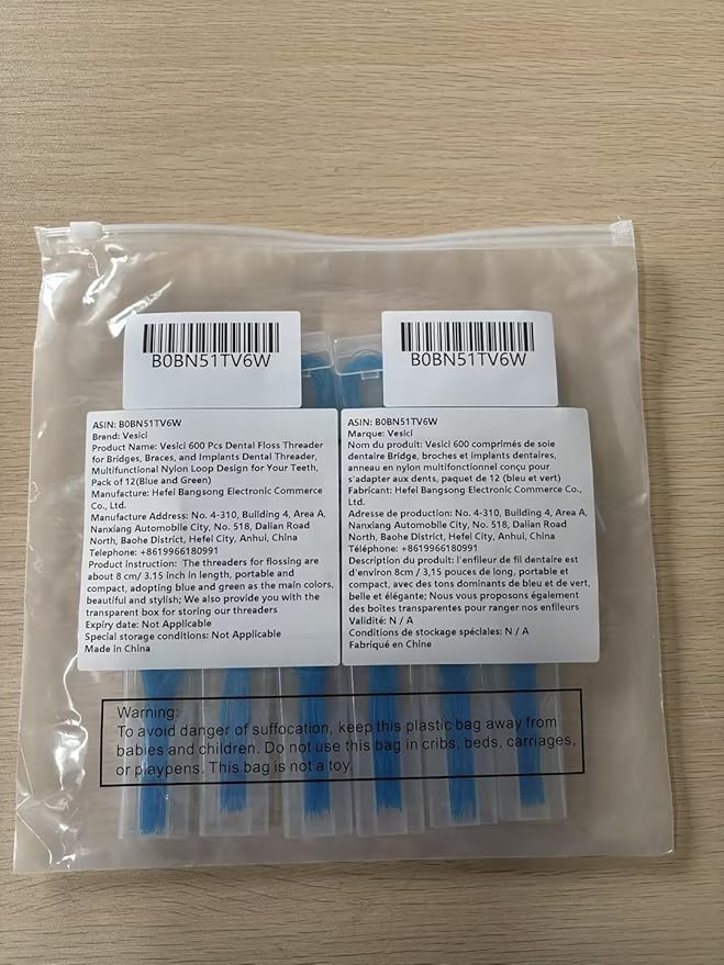 Vesici 600 Pcs Dental Floss Threader for Bridges, Braces, and Implants Dental Threader, Multifunctional Nylon Loop Design for Your Teeth, Pack of 12(Blue and Green)