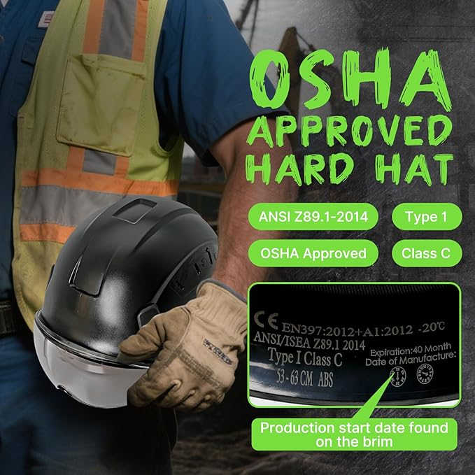 Aolamegs Construction Hard Hats for Adults - Hard Hats Construction OSHA Approved with Smoke Visor for Men Women, ANSI Z89.1 Vented Safety Helmet, Hard Hat with Chin Strap,6 Point Suspension （Black