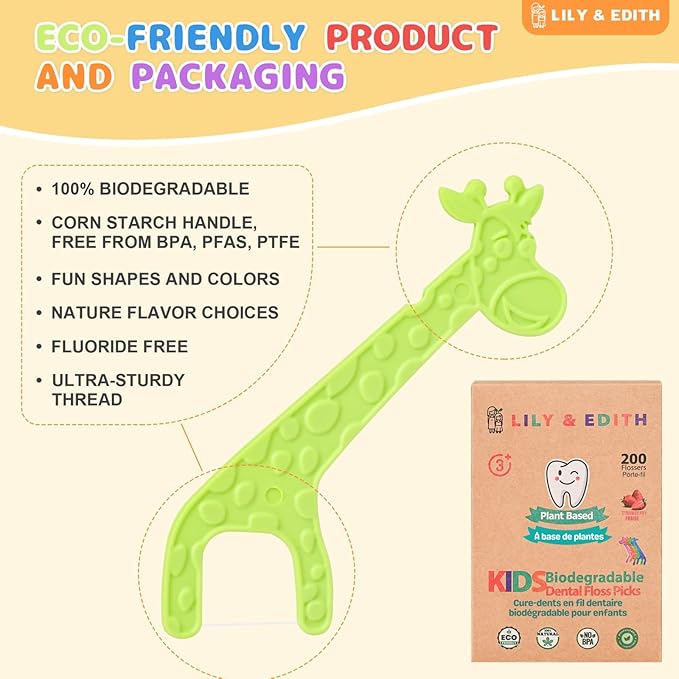 LILY & EDITH Kids Plant Based Dental Floss Picks 200 Counts, Fluoride Free, Corn Starch Material, Chemical Free, Fun Animal Flossing Sticks, Ultra Sturdy Thread, Zero Waste Package (Strawberry)