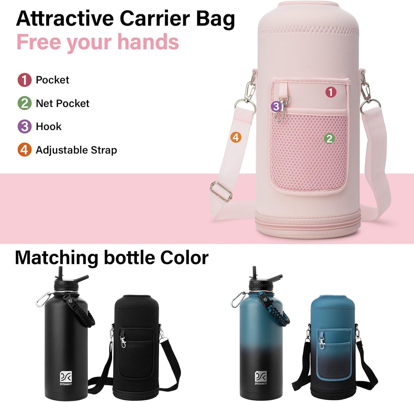 Insulated Water Bottle | Thickened Stainless Steel for Gym and Hiking with Straw, Carrier Bag, Handle Strap | BPA-Free 87 oz