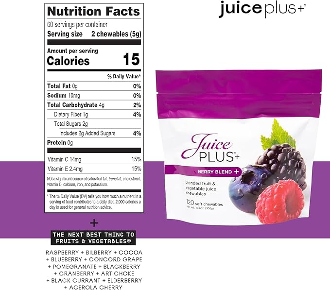 Juice Plus+ Berry Blend Soft Chews - Tasty, Vegan Gummies for All Ages - Nutrients from 12 Superfood Ingredients Including Elderberry, Raspberry, Bilberry, Blueberry & More - 120 Chewables