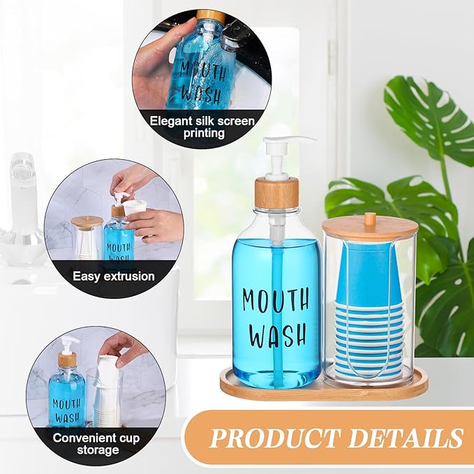1 Set Mouthwash Dispenser for Bathroom 17 Oz Refillable Mouth Wash Pump Bottle Paper Cup Holder with Bamboo Lid and Tray Clear Mouthwash Container for Bathroom Vanity Kitchen Sink