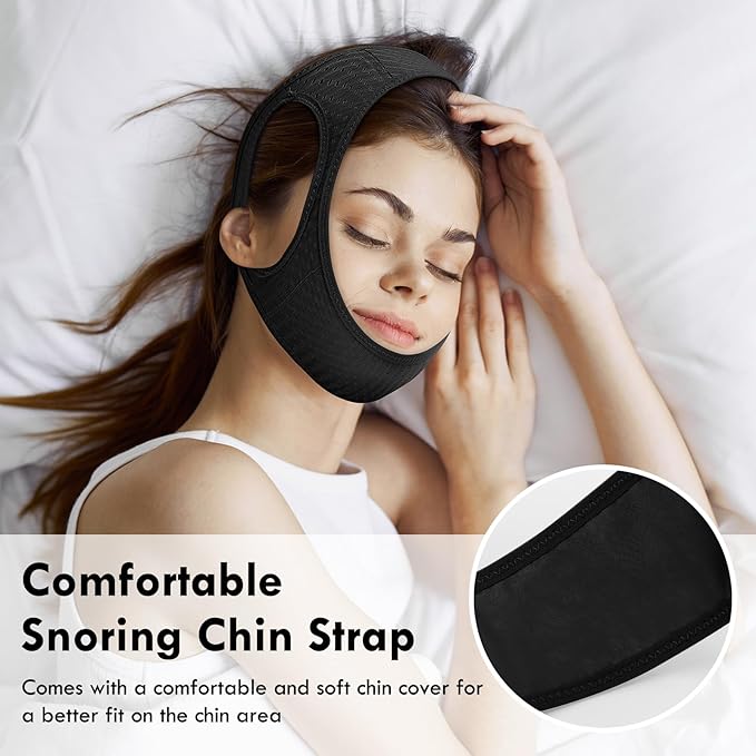 Anti Snoring Chin Strap, Comfortable Chin Strap for Sleeping Anti Snore Chin Strap, Adjustable and Breathable Jaw Strap for Sleep for Men or Women, Non-Stick Hair Anti Snoring Devices, Black