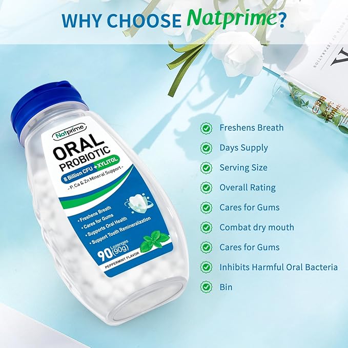 Oral Health Probiotics for Mouth Bad Breath - 8 Billion CFU 6 Strains with Prebiotics & Ca, Dental Probiotics for Teeth and Gums, Fresh Breath, 90 Mouth Probiotic Lozenges for Adults (Mint)