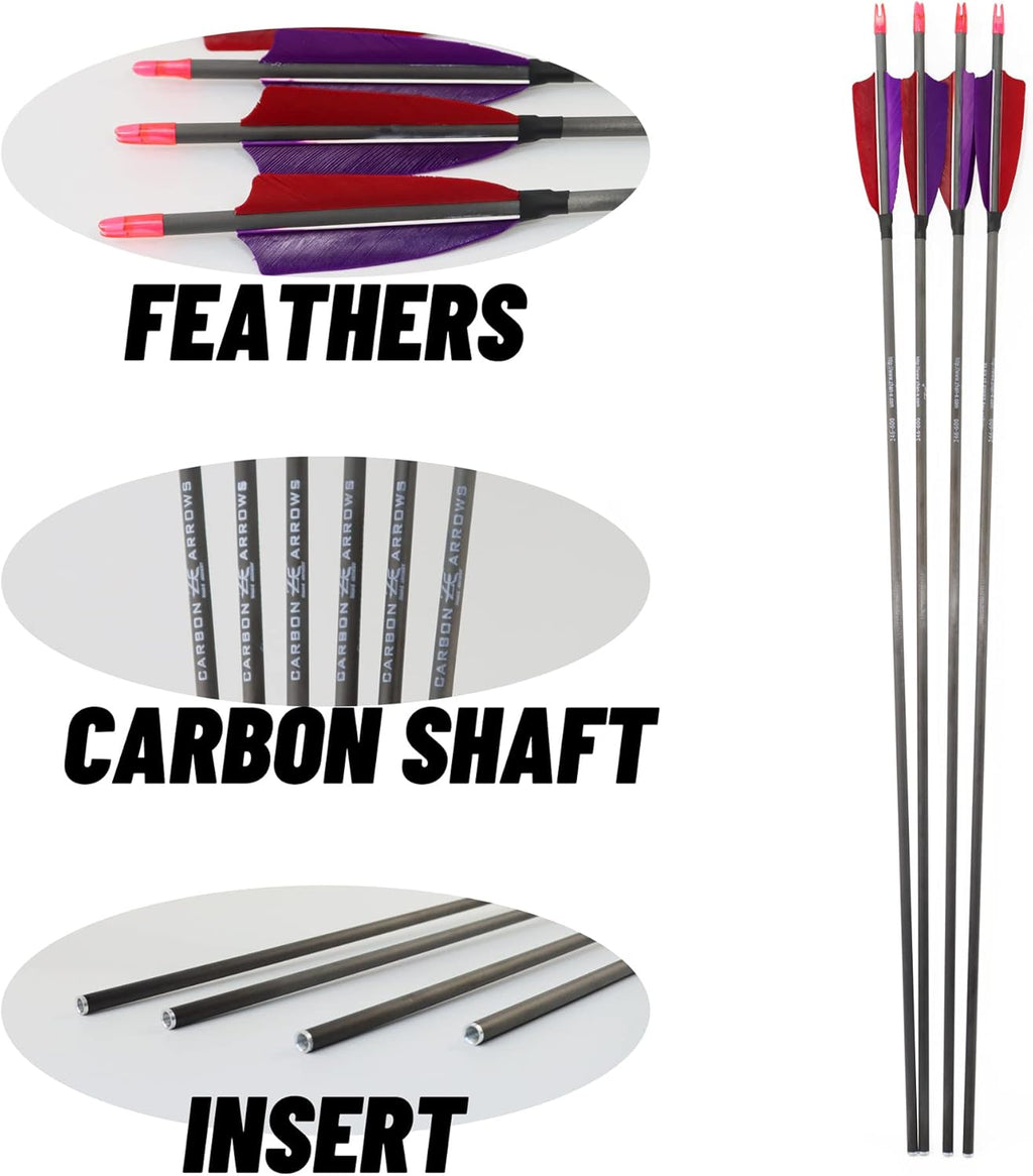 600 Spine Pure Carbon Arrows with Real Turkey Feathers Removable 100 Grain Tips Plastic Nocks for Archery Target Hunting