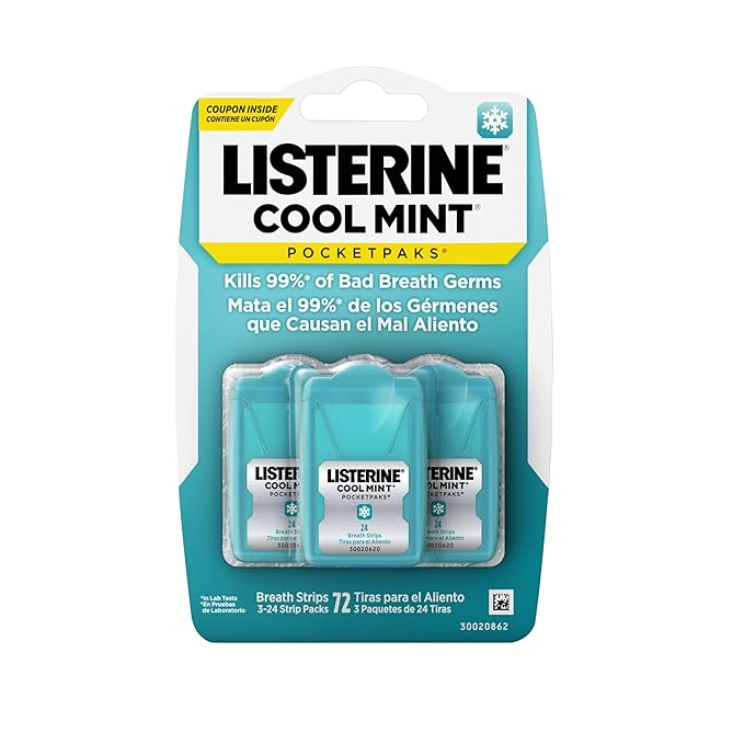 Listerine Cool Mint PocketPaks Portable Breath Strips for Bad Breath, Fresh Breath Strips to Kill 99% of Bad Breath Germs* On-The-Go, Cool Mint Flavor, 72 Per Pack (3x24) - (Pack of 6)