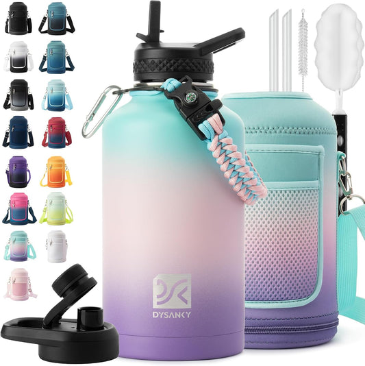 Insulated Water Bottle | Thickened Stainless Steel Vacuum Metal | Portable Sports Half Gallon Large Water Jug for Gym and Hiking with Straw, Carrier Bag, Handle Strap | BPA-Free 64 oz
