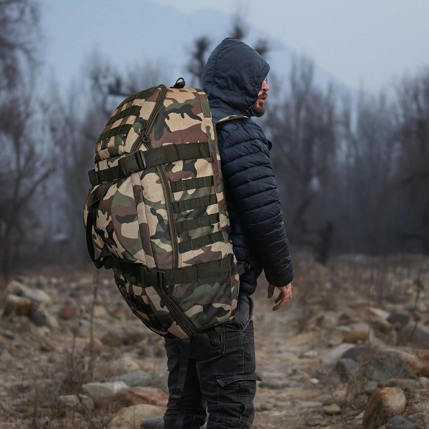 65L Large Duffle Bag, 3-in-1 Tactical Backpack MOLLE Pack for Gym, Sports, Outdoor, Woodland