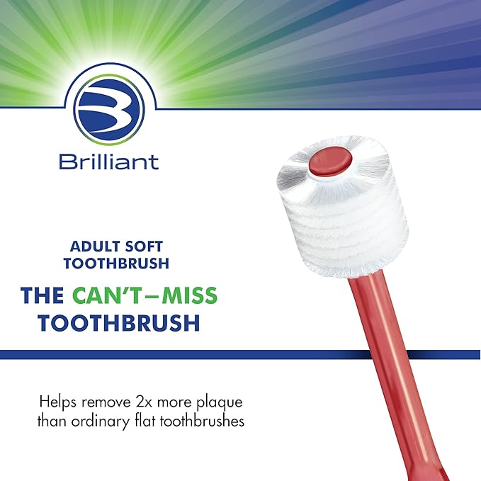 Brilliant Oral Care Adult Toothbrush with Soft Bristles, Round Head, and All-Around Clean for Teeth and Gums, Red + Clear, 2 Pack