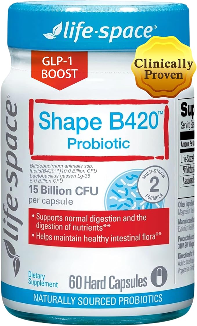 Life-Space 2 Month Serving Shape B420 Probiotics for Shape Better, GLP-1 Boost, Clinically Backed Metabolism Support, Probiotics for Women and Men, 60 Vegetarian Capsules
