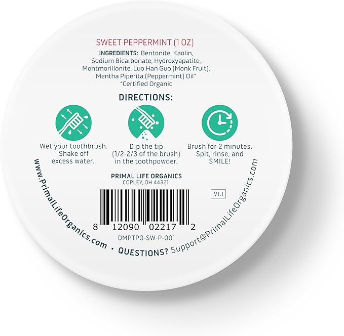 Primal Life Organics - Dirty Mouth Toothpowder, Tooth Cleaning Powder, Flavored Essential Oils with Natural Kaolin & Bentonite Clay, Good for 200+ Brushings, Organic, Vegan (Sweet Peppermint, 1 oz)