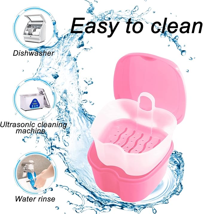 Keedolla Denture Cleaning Case Orthodontic Dental Retainer Container,Denture Holder Case Retainer Soaking Cups for Travel, Camping, Office - Pink