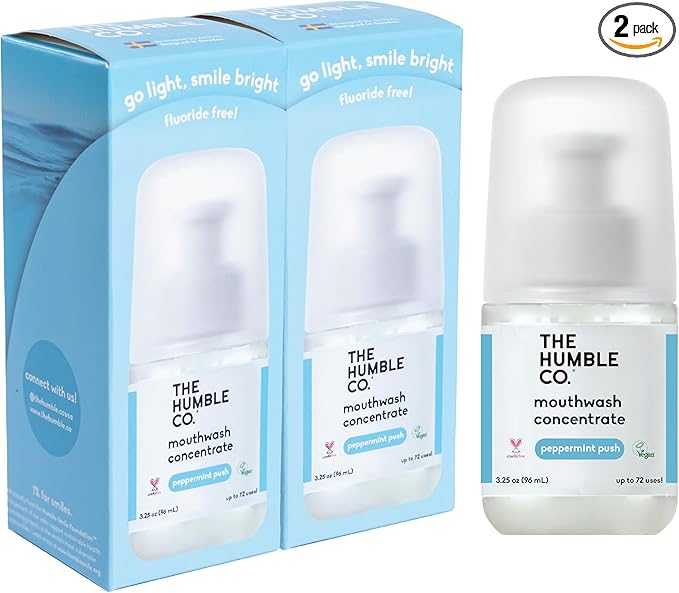The Humble Co. Mouthwash Concentrate – Natural Mouthwash to Support Fresh Breath, Cavity Protection, Gum Health, and Helps Remove Plaque, Vegan & Cruelty-Free Oral Care, 2pk (Peppermint 3.25 oz)