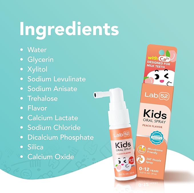 LAB52 Kids Oral Spray, Toddler Toothpaste Helper for Daily Oral Care and Fresh Breath, Children Approved with Fluoride Free for Newborn to Preschoolers, Xylitol (Strawberry & Peach)