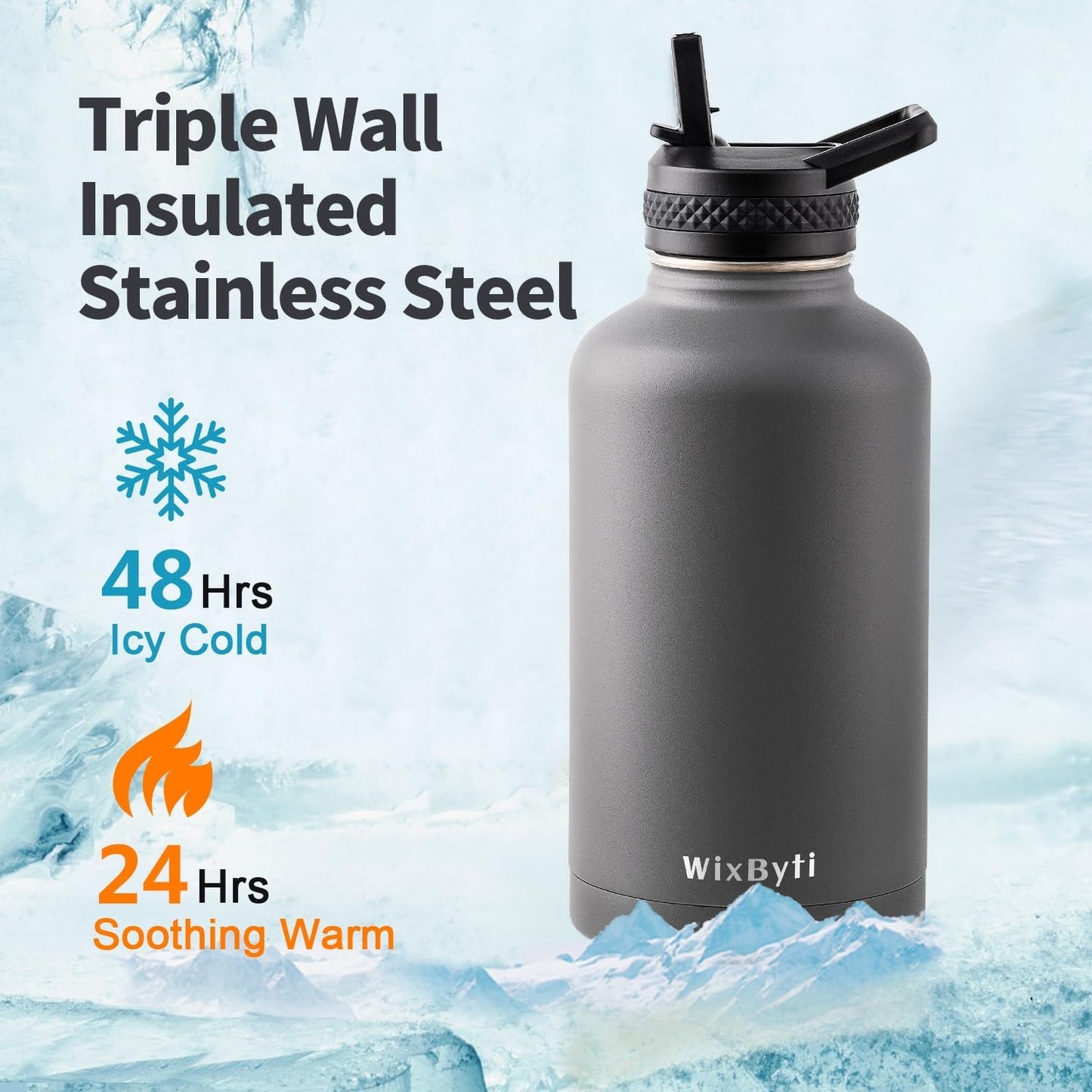 64 oz Insulated Water Bottle with Straw (Cold for 48 Hrs), Half Gallon Stainless Steel Triple Wall Vacuum Sports Water Jug, Leakproof Hydro Cup Flask with Straw Spout Lids & DIY Stickers