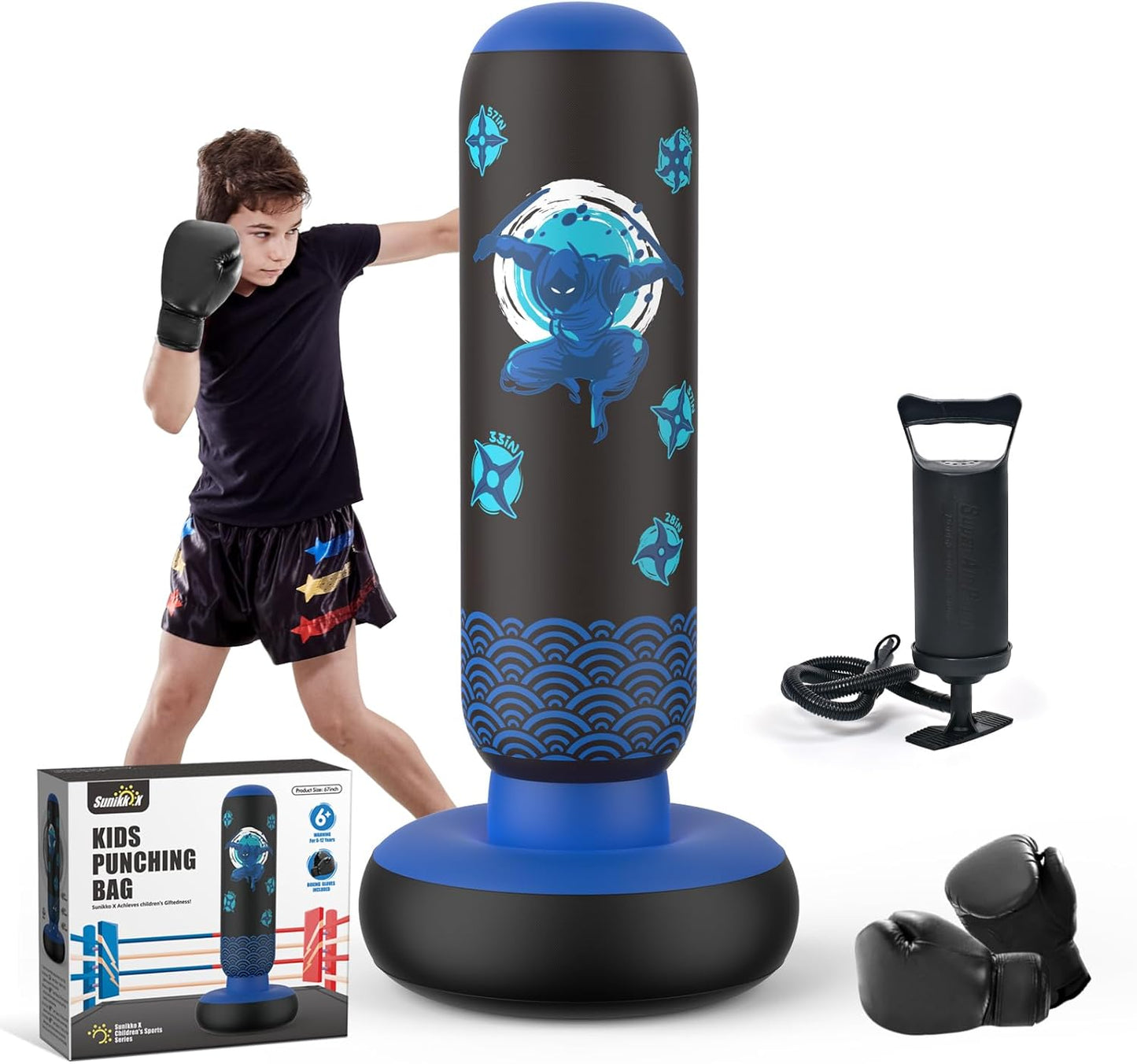 Inflatable Punching Bag for Kids, Tall Larger 66 Inch Stable Boxing Bag for Teens, Ninja Shuriken Toy Gifts for Boys Girls, Boxing Set with Gloves and Pump for Practicing Karate Taekwondo