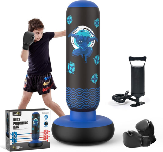 Inflatable Punching Bag for Kids, Tall Larger 66 Inch Stable Boxing Bag for Teens, Ninja Shuriken Toy Gifts for Boys Girls, Boxing Set with Gloves and Pump for Practicing Karate Taekwondo