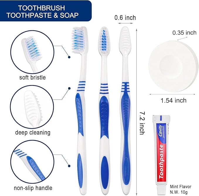 100 Set Disposable Toothbrushes with Toothpaste and Soap Individually Wrapped, 100 pcs Toothbrushes 5 Colors with 100 pcs Bar Soap(0.5 oz)