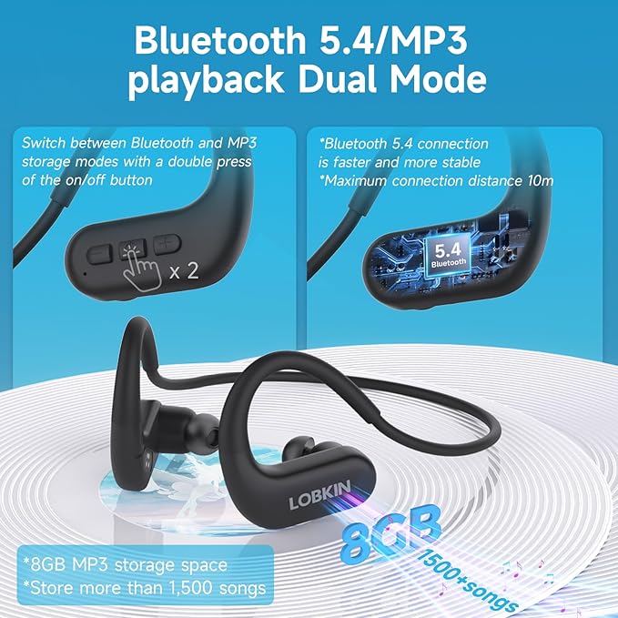 LOBKIN Waterproof Earbuds for Swimming, Bone Conduction Headphones IPX8 Swimming Headphones 8GB Memory Bluetooth 5.4 Wireless 8H Playtime in Ear Underwater Sport Earphones for Swimming, Running