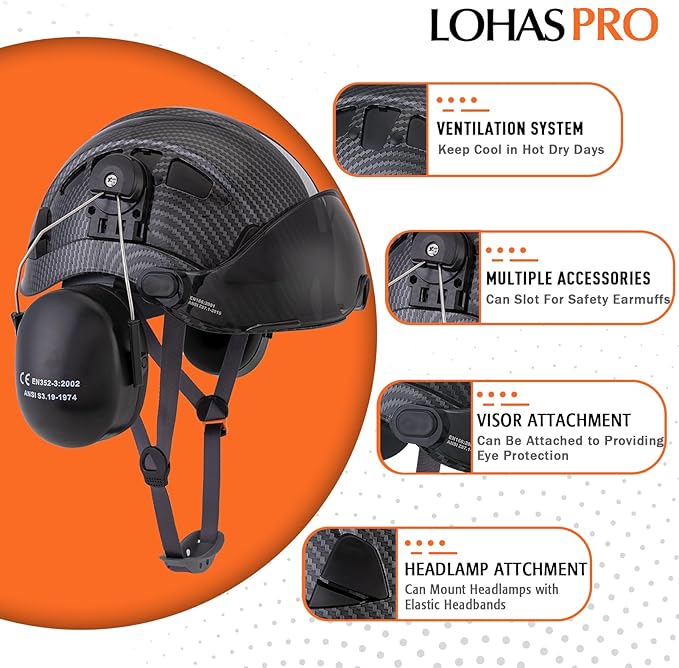 LOHASPRO Arborist Forestry Helmet Safety Hard Hat with Visor and Ear Muffs Carbon Fiber Hard Hat for Logging Chainsaw Helmet Mowing(Black Graphite Pattern with Smoked Visor+Earmuffs)