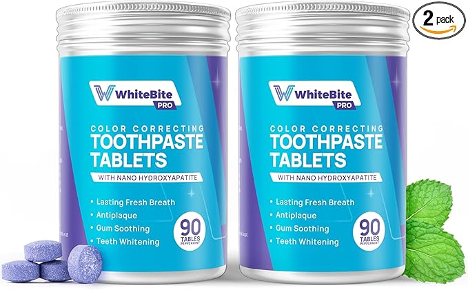 Whitebite Pro Color Correcting Toothpaste Tablets with Nano Hydroxyapatite | Fresh Breath & Natural Whitening | Travel-Friendly Toothpaste & Mouthwash | Fluoride and Plastic-Free (Peppermint, 2PK)