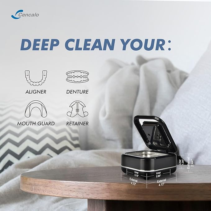 Ultrasonic Retainer Cleaner Machine with 2 Digital Timer, U-V Dental Cleaning Pod with Viewing Port,180ml Portable Denture Cleaner for Mouth Guards, Night Guards, Aligners, Brace, Jewelry, 42kHz Black