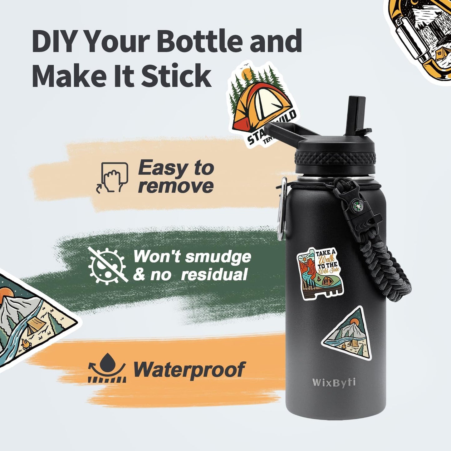 32 oz Insulated Water Bottle with Straw (Cold for 48 Hrs), Stainless Steel Triple Wall Vacuum Sports Water Jug, Leakproof Hydro Cup Flask with Paracord Handle & Straw Spout Lids & DIY Stickers