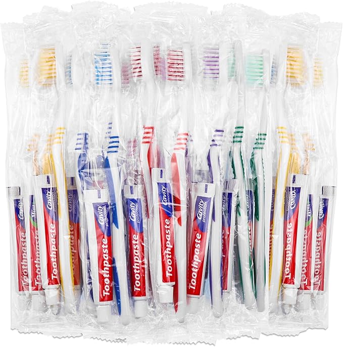 100 Set Disposable Toothbrushes with Toothpaste and Soap Individually Wrapped, 100 pcs Toothbrushes 5 Colors with 100 pcs Bar Soap(0.5 oz)