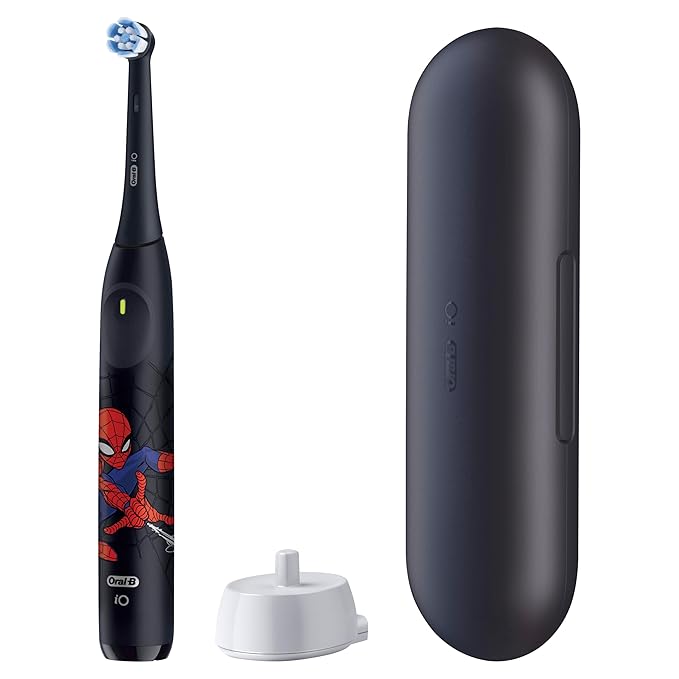 Oral-B iO Kids Limited Rechargeable Electric Powered Toothbrush, Spiderman with 1 Gentle Care Brush Head - Automatic Pressure Sensor to Protect Gums - 3 Cleaning Settings - 2 Min Music Timer