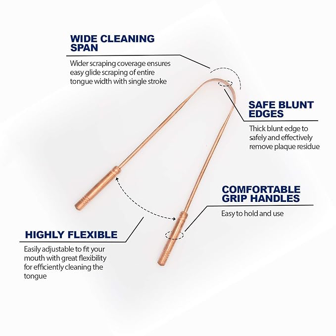 Copper Tongue Scrapers Set (2 Pack) – Solid, Unplated 100% Pure Copper for Adults and Kids| Ergonomic U-shape, Low-gag Design| Reusable Tongue Cleaner| Daily Oral and Hygiene Tool