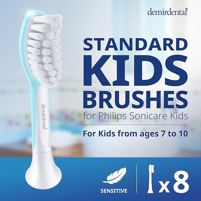 demirdental Kids Toothbrush Heads Compatible with Philips Sonicare Kids Toothbrush Heads - Replacement Heads Sensitive - Brush Heads from Ages 7 to 10 - Turquoise - Replaces HX6048-8 Pack