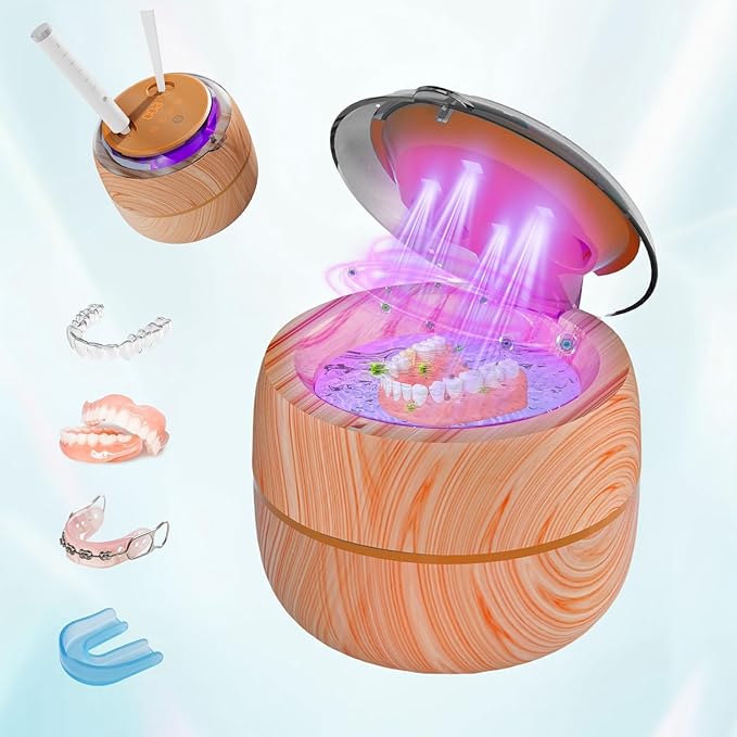 Voraiya Ultrasonic Retainer Cleaner Machine, 360° UV Cleaning Denture Pod, 45kHz Ultrasonic Dental Cleaner Mouth Guard Cleaner for Aligner, Night Guard, Braces, Toothbrush, Jewelry, Ring