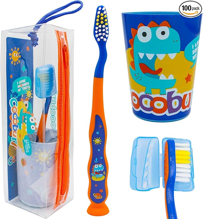 Dinosaurs 4-Piece Toothbrush Set Kid's Toothbrush Set Kids Travel Set Toothbrush, Toothbrush Cap, Cup Included and Carry Bag